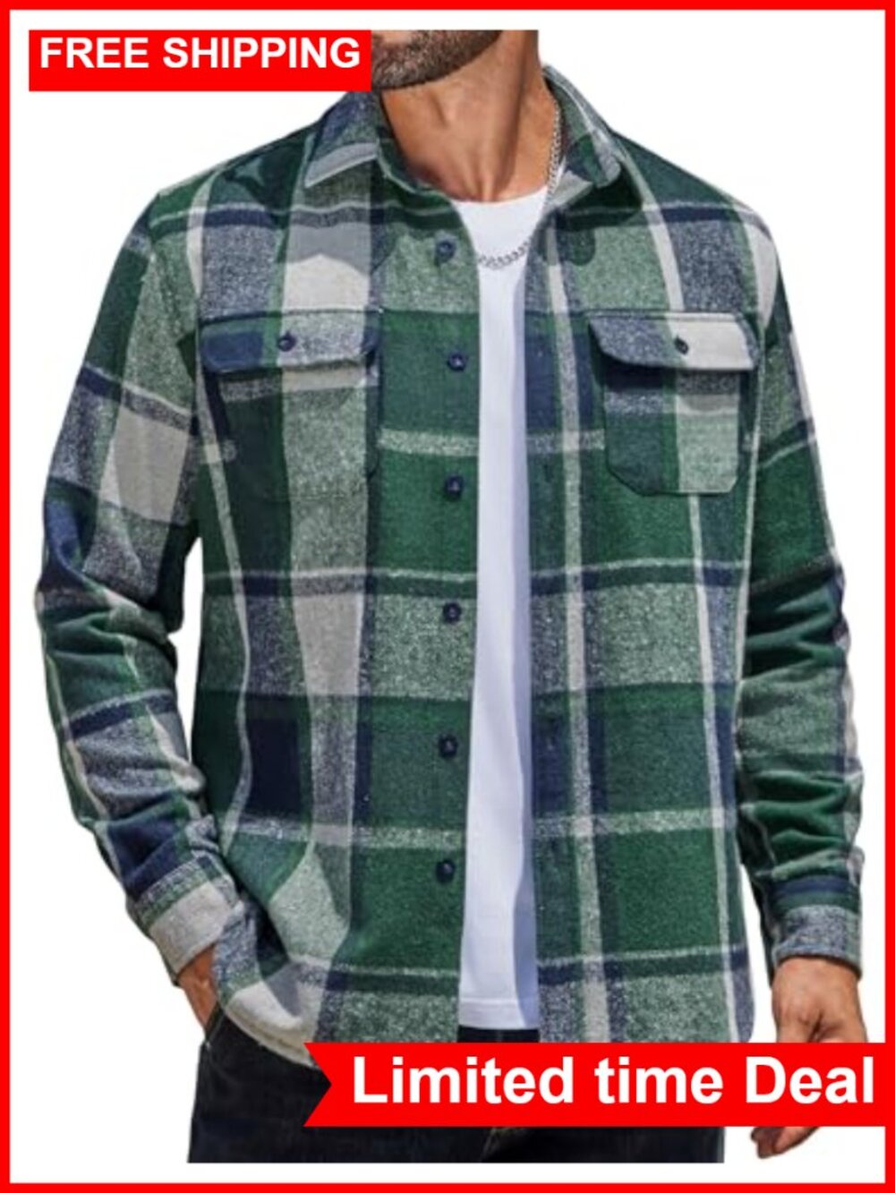 Coofandy Men's Flannel Plaid Shirt Jacket Long Sleeve Button Down Shirt with